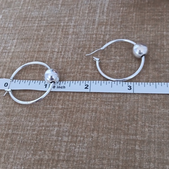 Silver Tone Latch Back Bead Hoop Earrings - Picture 3 of 6